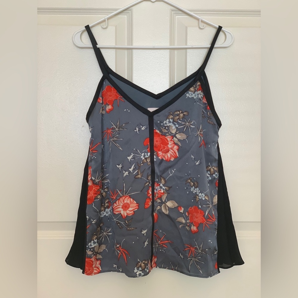 cinq a sept Blue Floral Silk Camisole with Black Trim - Picture 2 of 4